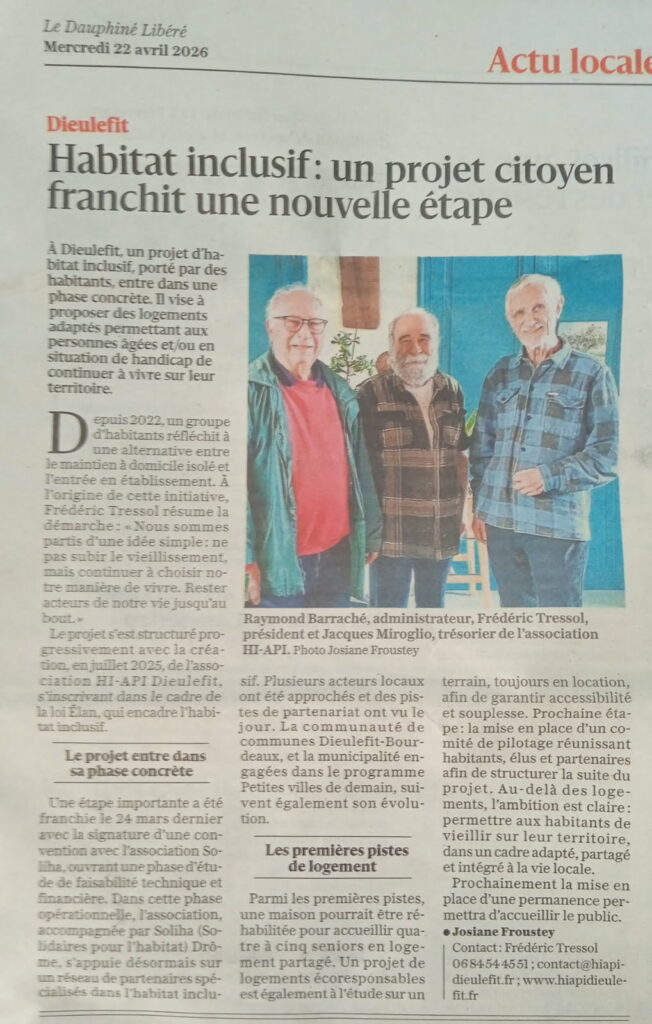Article de journal qui présente un projet citoyen d'habitat inclusif en Drôme Provençale à Dieulefit