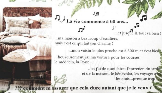 Texte écrit qui explique que la vie Commence à 60 ans sur l'air de musique de Tino Rossi et sa chanson, pour illustrer les habitats partagés inclusifs de Dieulefit avec HI API Dieulefit
